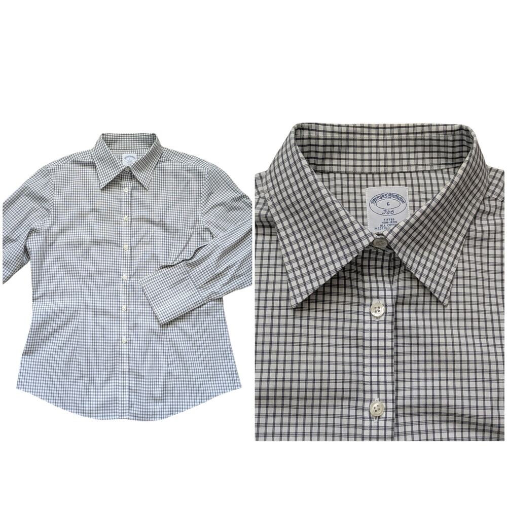 Brooks Brothers 346 Fitted Non-Iron Button Shirt Womens 6 White Black Plaid